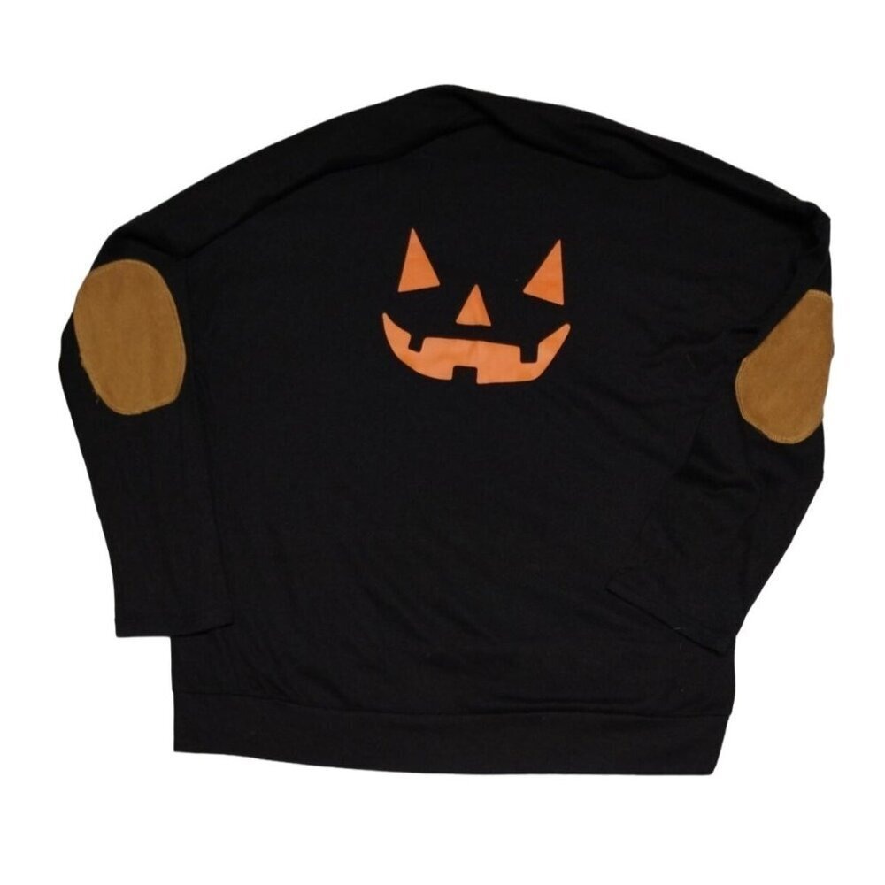 Leo Rosi Halloween Pumpkin Patch Elbows‎ Black Pullover Top